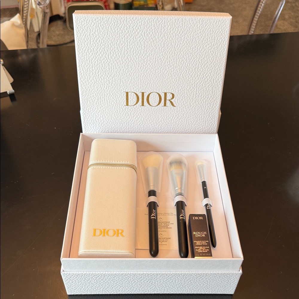 Dior Brush Set with White Case and brushes with Dior on Black Handles